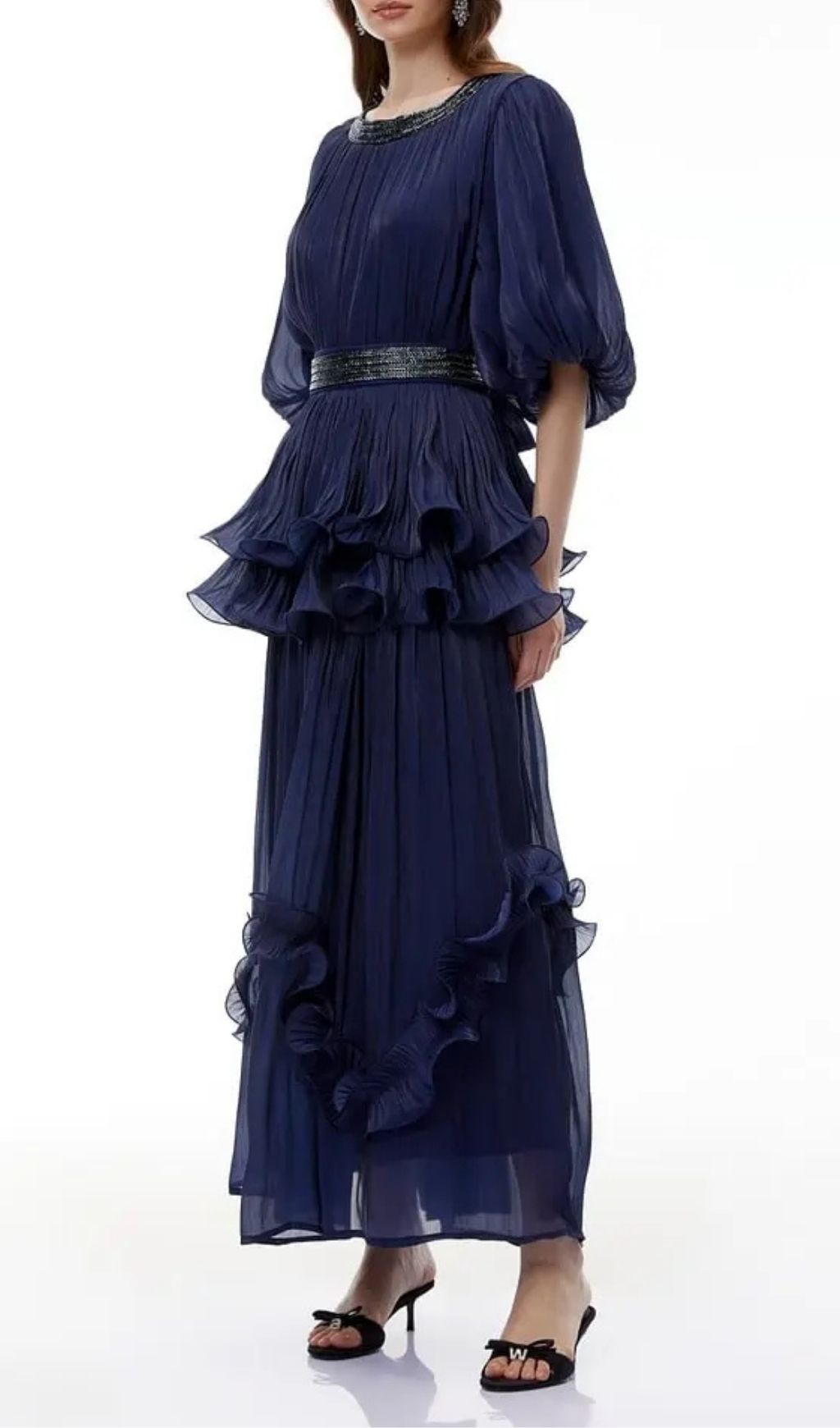 94f0bac4028f2261b39e3d29e338bd4b Lorraine Navy Blue Embellished Pleated Maxi Dress