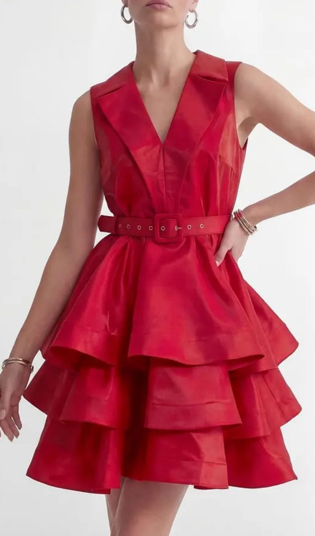 Jessica Red V-Neck Tiered Ruffle Mini Dress