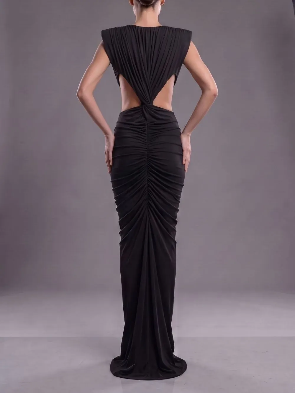 Mali Black Ruched Cutout Maxi Dress - OWNCI