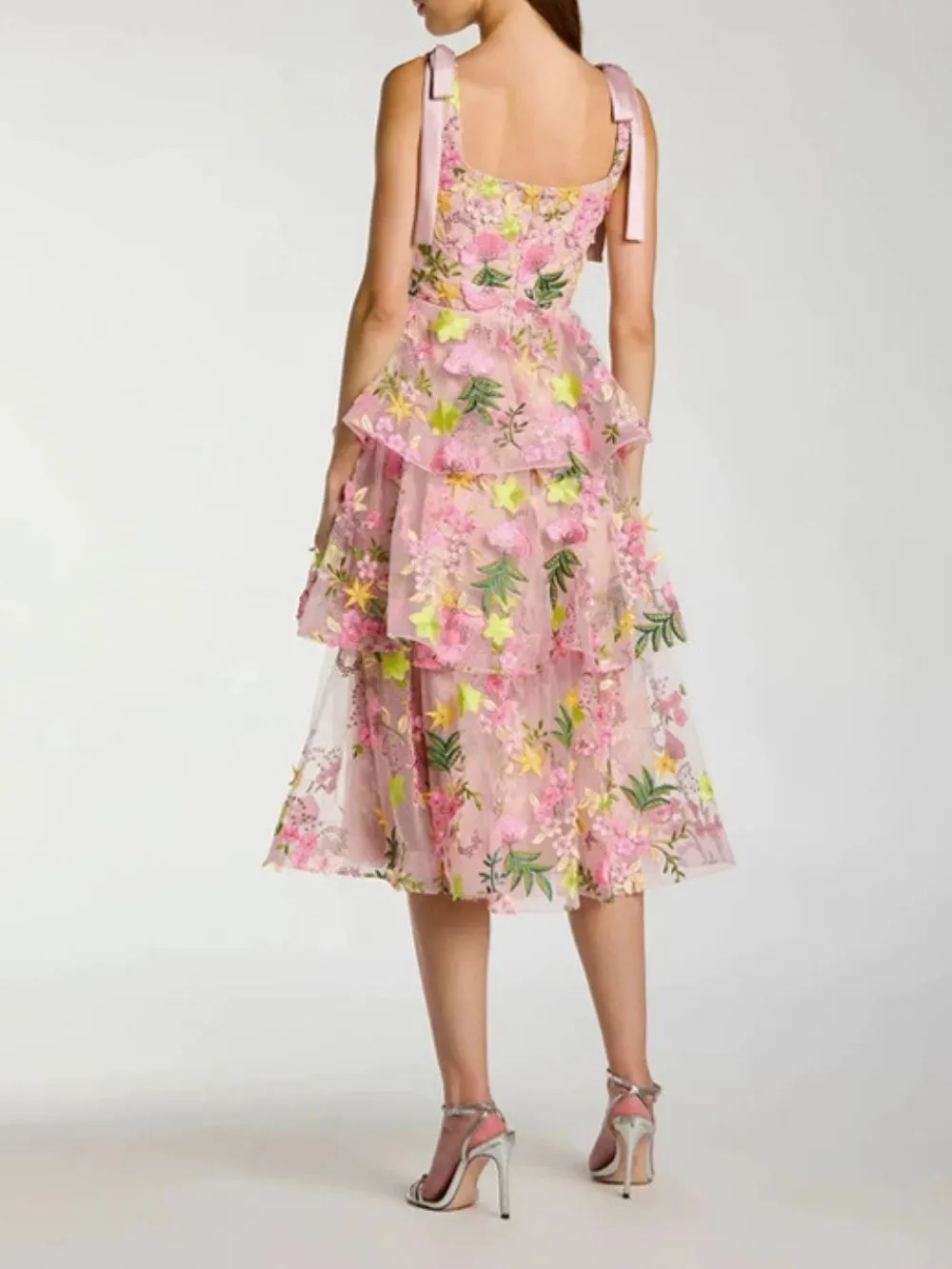 Makani Pink Flower Embroidery Midi Dress - OWNCI