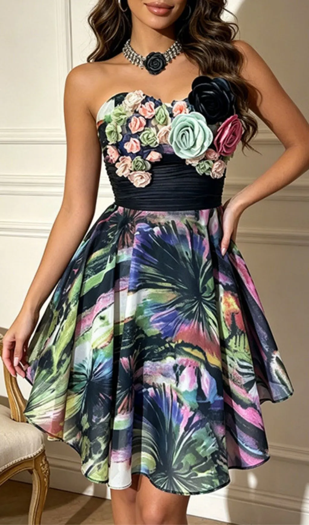 Fashionslee Women Libussa Strapless Flower Embellished Printed Mini Dress