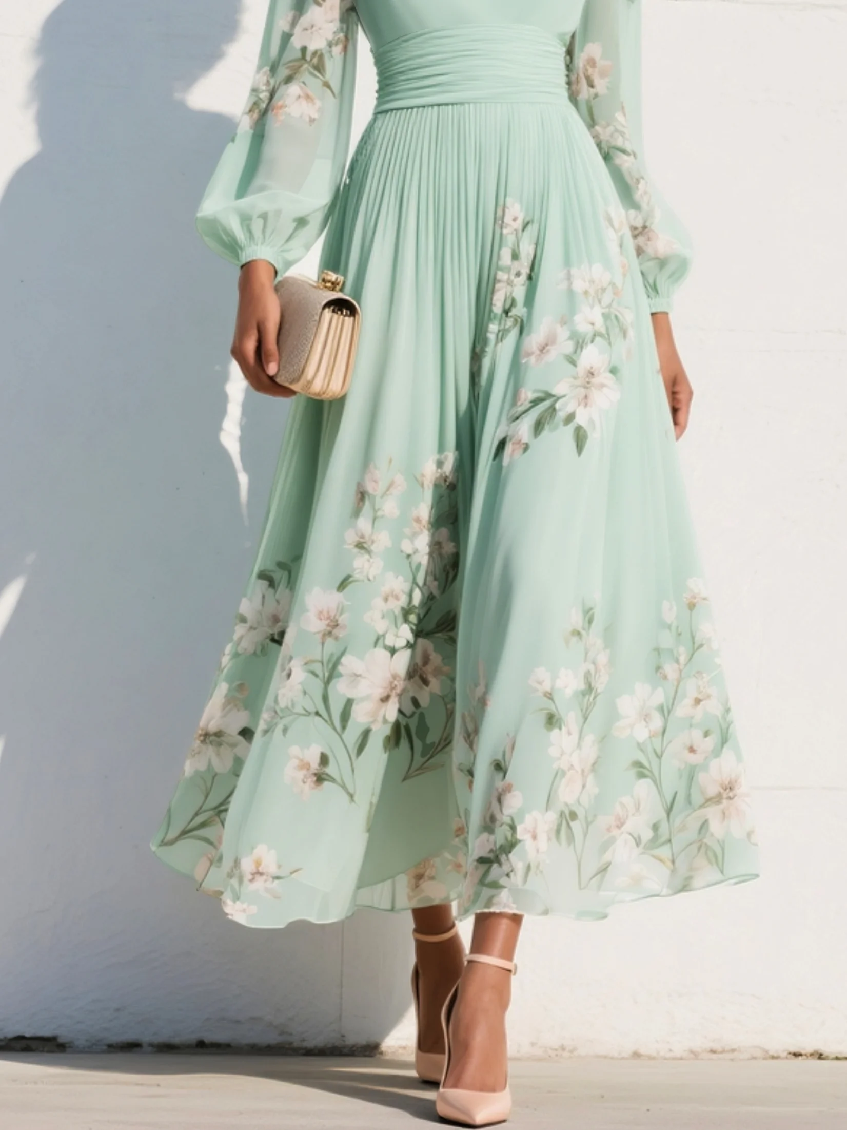 9550eb46188feb073fe785e6ecd780e3 Green Floral Print Chiffon V Neck Long Sleeve Pleated Midi Dress