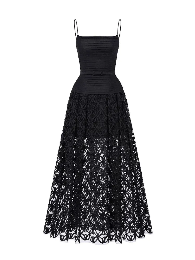 Black Spaghetti Strap Pleated Bodice Floral Cutout Lace Midi Dress
