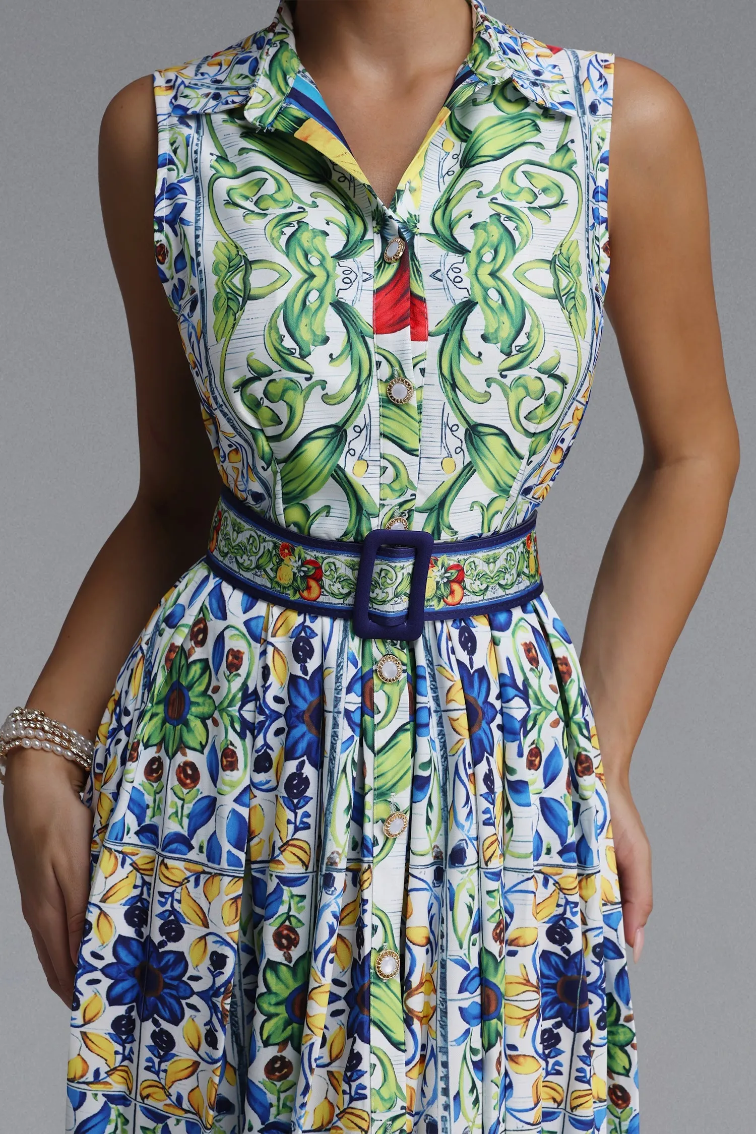 9565004e22fe2ae60b0c69f63e33b63a Sleeveless Collared Tile Print Belted A-Line Midi Dress