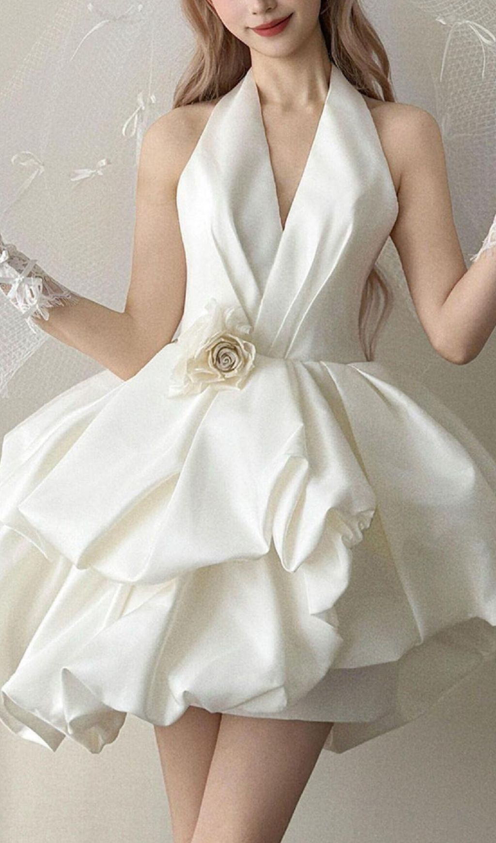 959dd5a6d04a15c99aa153440d2477d8.jpg Fashionslee Women Levana White Halter Flower Mini Wedding Dress
