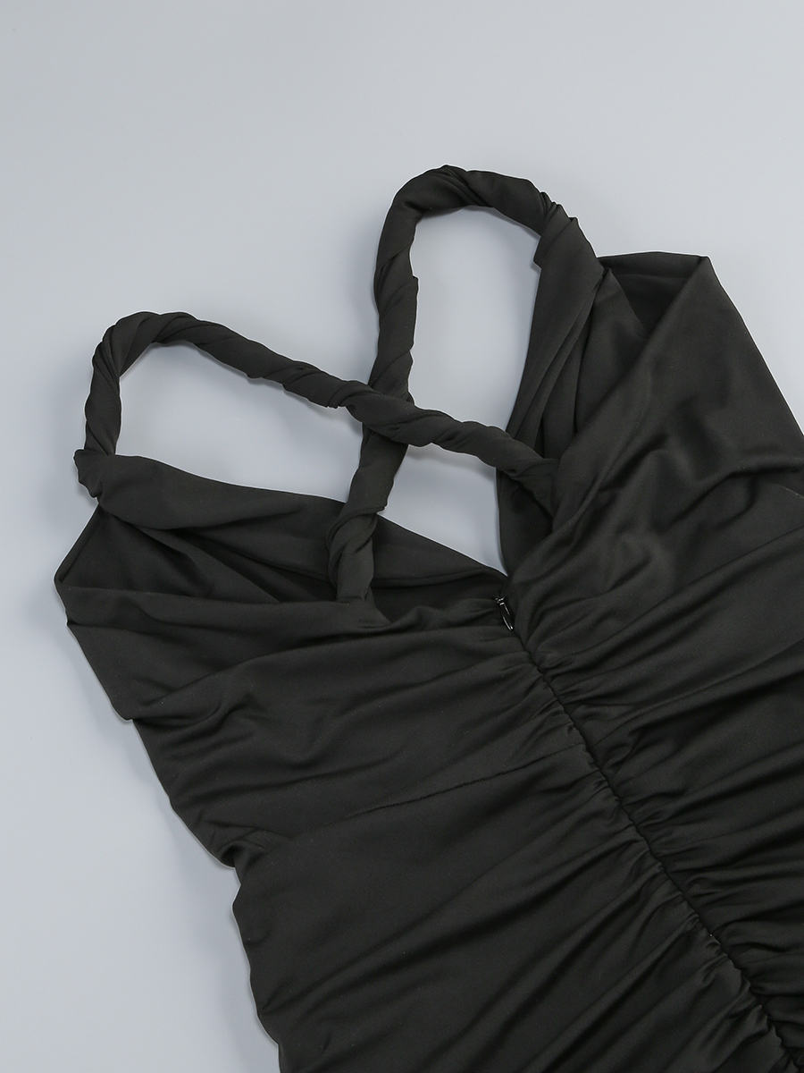 Brylie Black V-Neck Ruched Midi Dress - OWNCI Brylie Black V-Neck Ruched Midi Dress - OWNCI