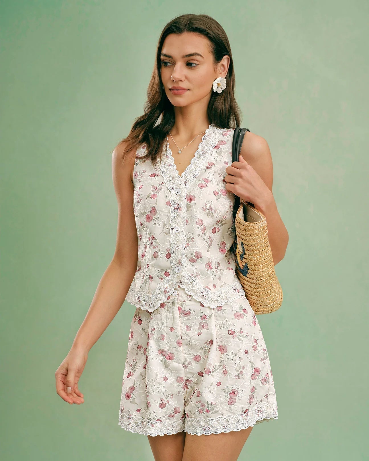 Hollow Floral Print Ves & Shorts Two-Piece Set