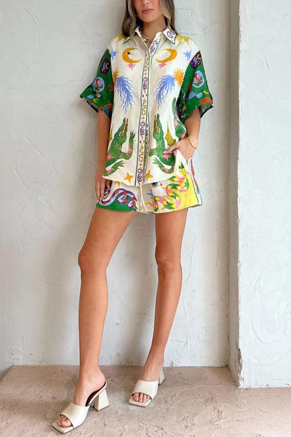 95df44b3a2dd3d33d1ed422837558818 Days of Heaven Linen Blend Unique Print Blouse and Elastic Waist Pocketed Shorts Set