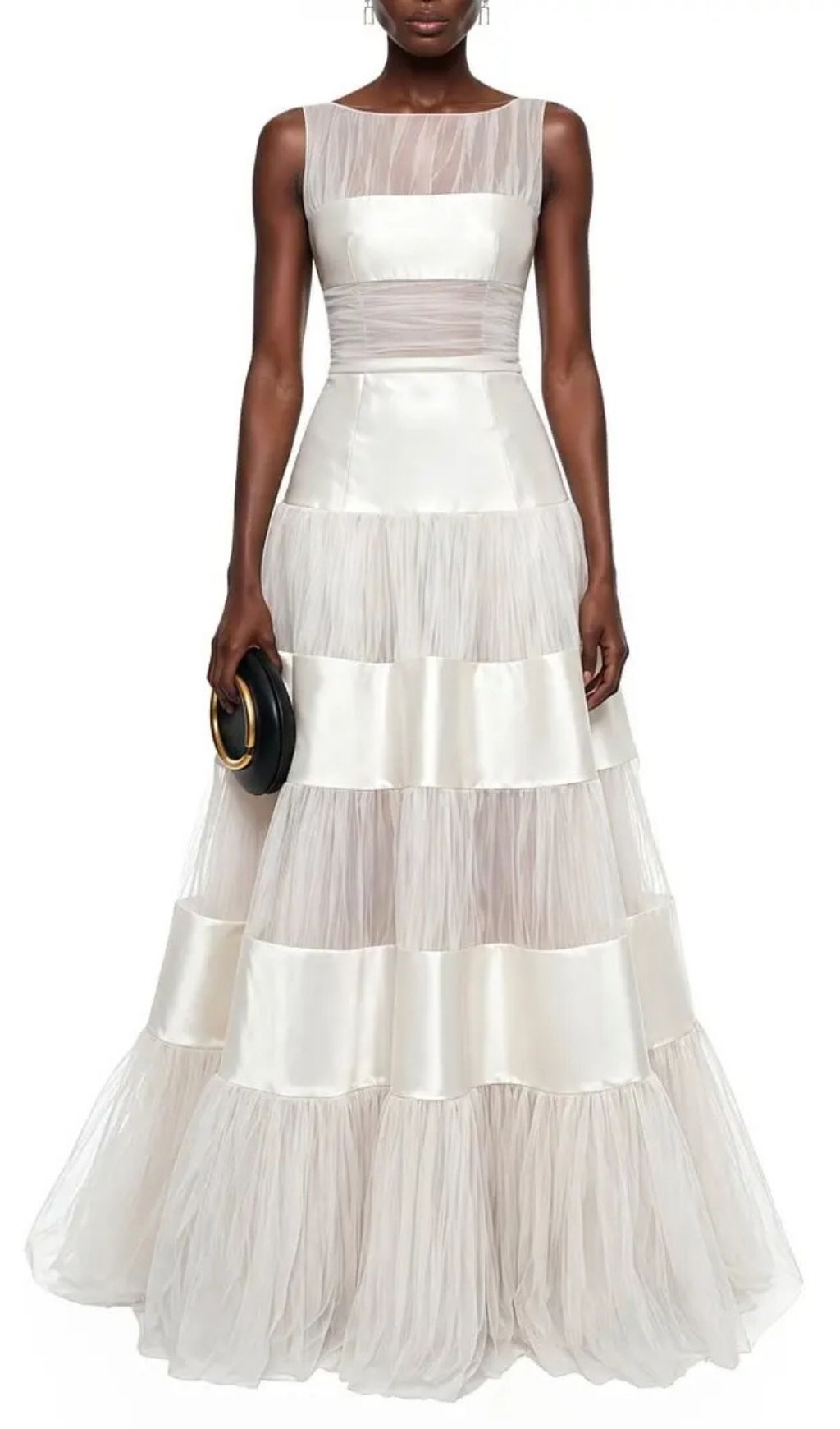 Sabrina White Mesh Panel Maxi Dress With Satin Stripes