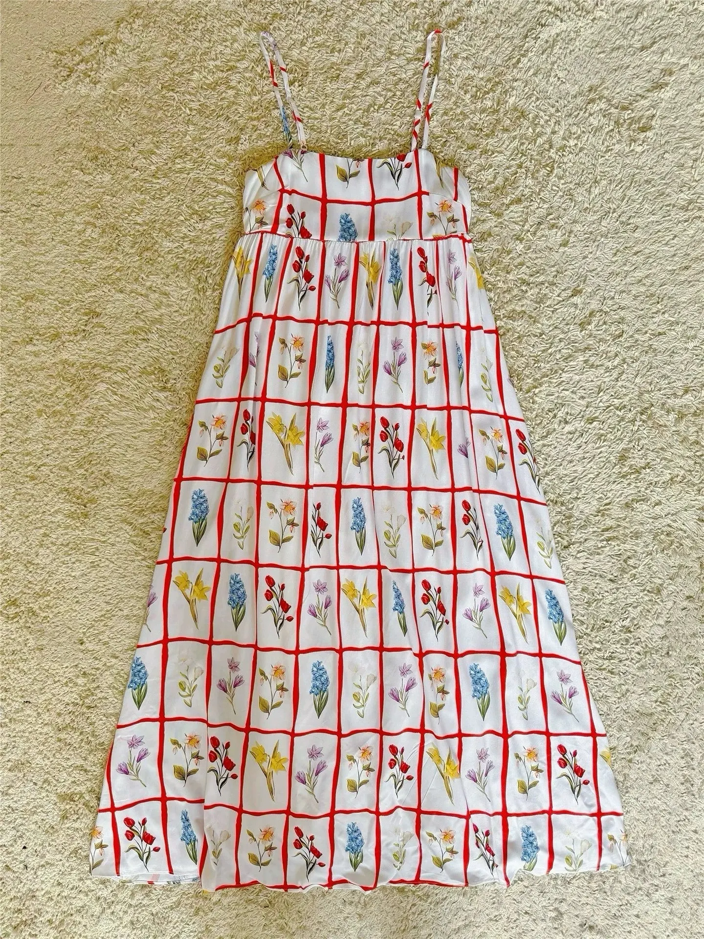 Floral Plaid Cotton Silk Spaghetti Strap Dress