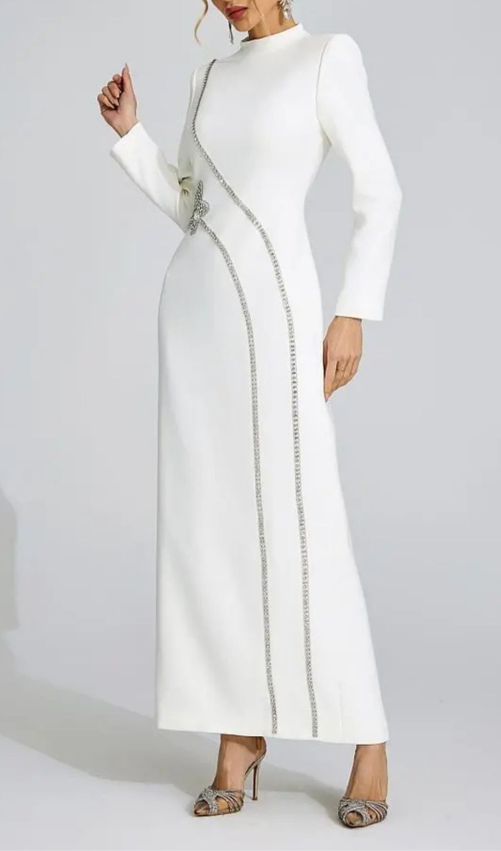 Nicola Diamond Embellished Long Sleeve Maxi Dress - White