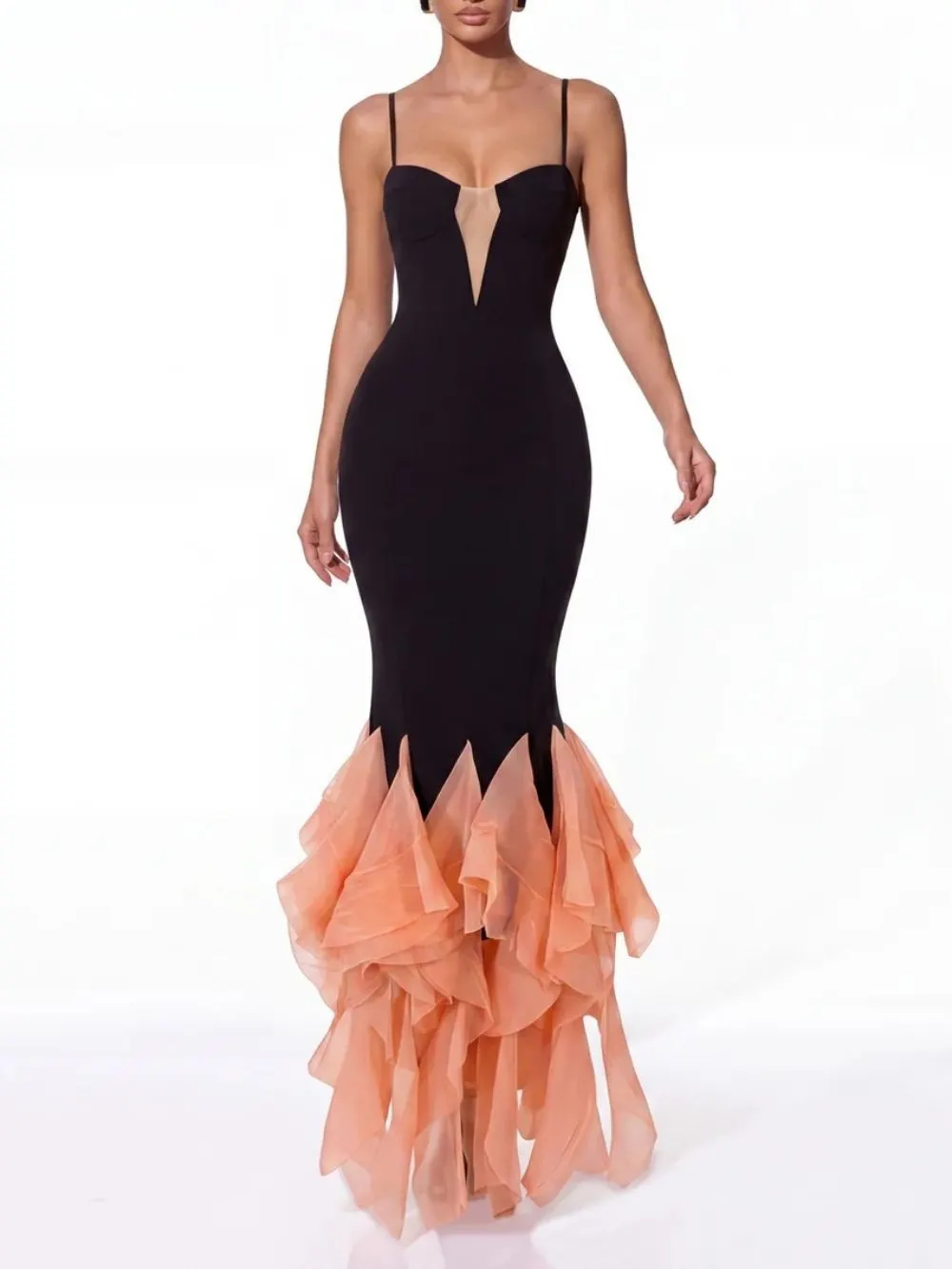 Hyrven Spaghetti Ruffle Bandage Maxi Dress