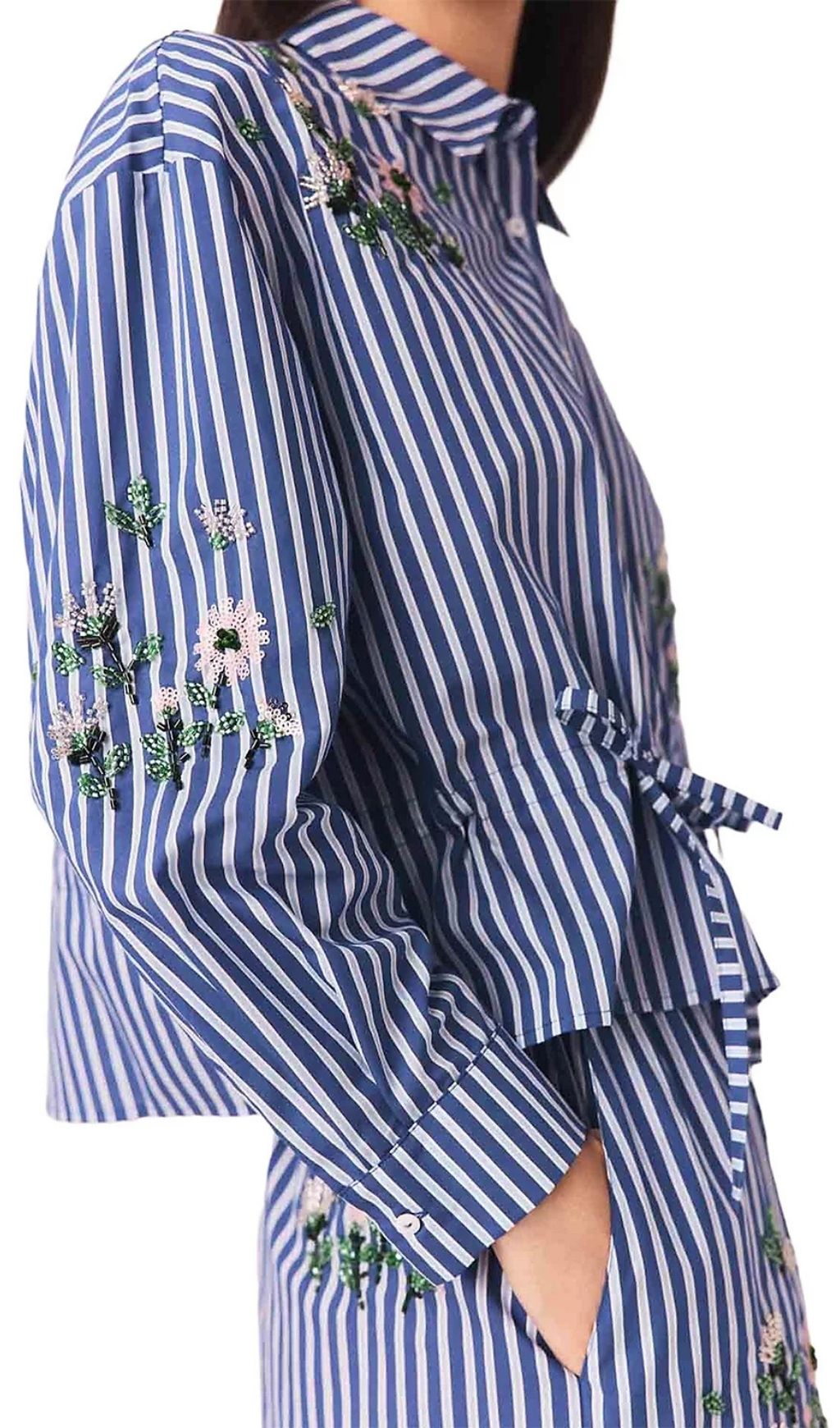 Fashionslee Women Beaded Floral Striped Shirt