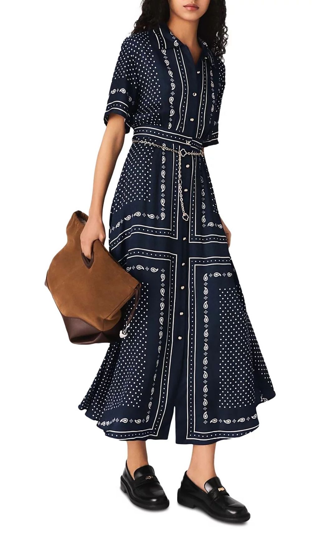 Fashionslee Women Bandana Print Chain Belt Shirtdress