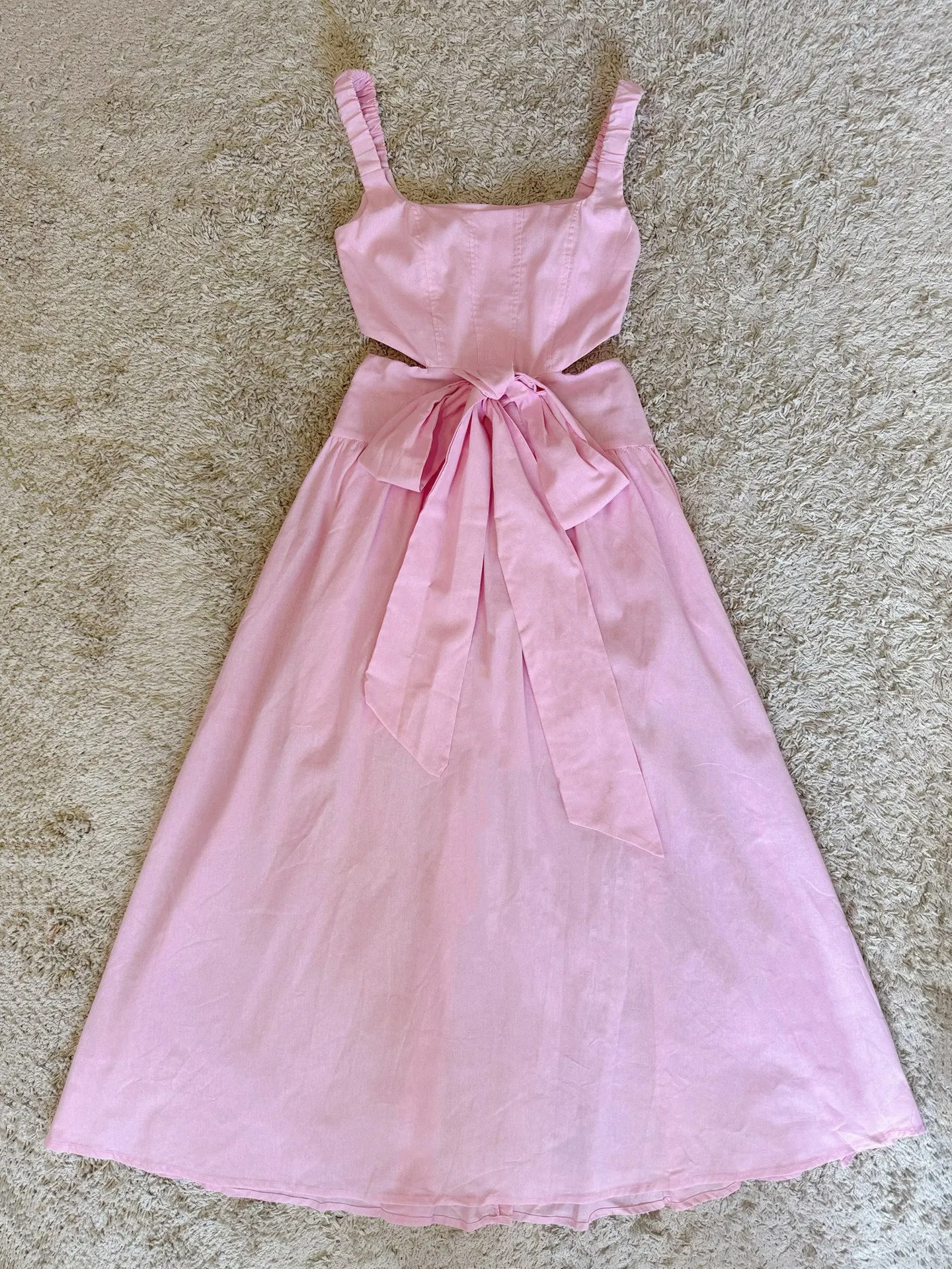 Pink Bow Waist-Revealing Square Neck Cotton-Linen Dress