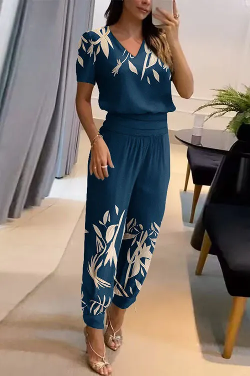 Casual V-Neck Printed Short Sleeve Long Pants Two-Piece Set - OWNCI