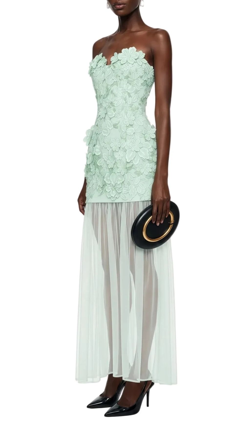 Pansya Floral Embroidery Strapless Maxi Dress - Mint
