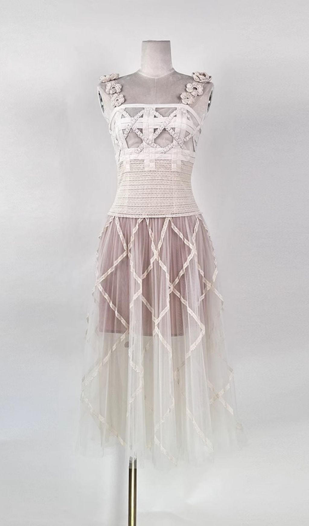 Cream Lace Corset Midi Dress With 3D Flower Straps