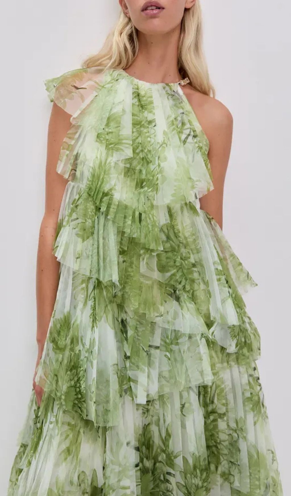 Claire Green Floral Print Pleated Layer Maxi Dress