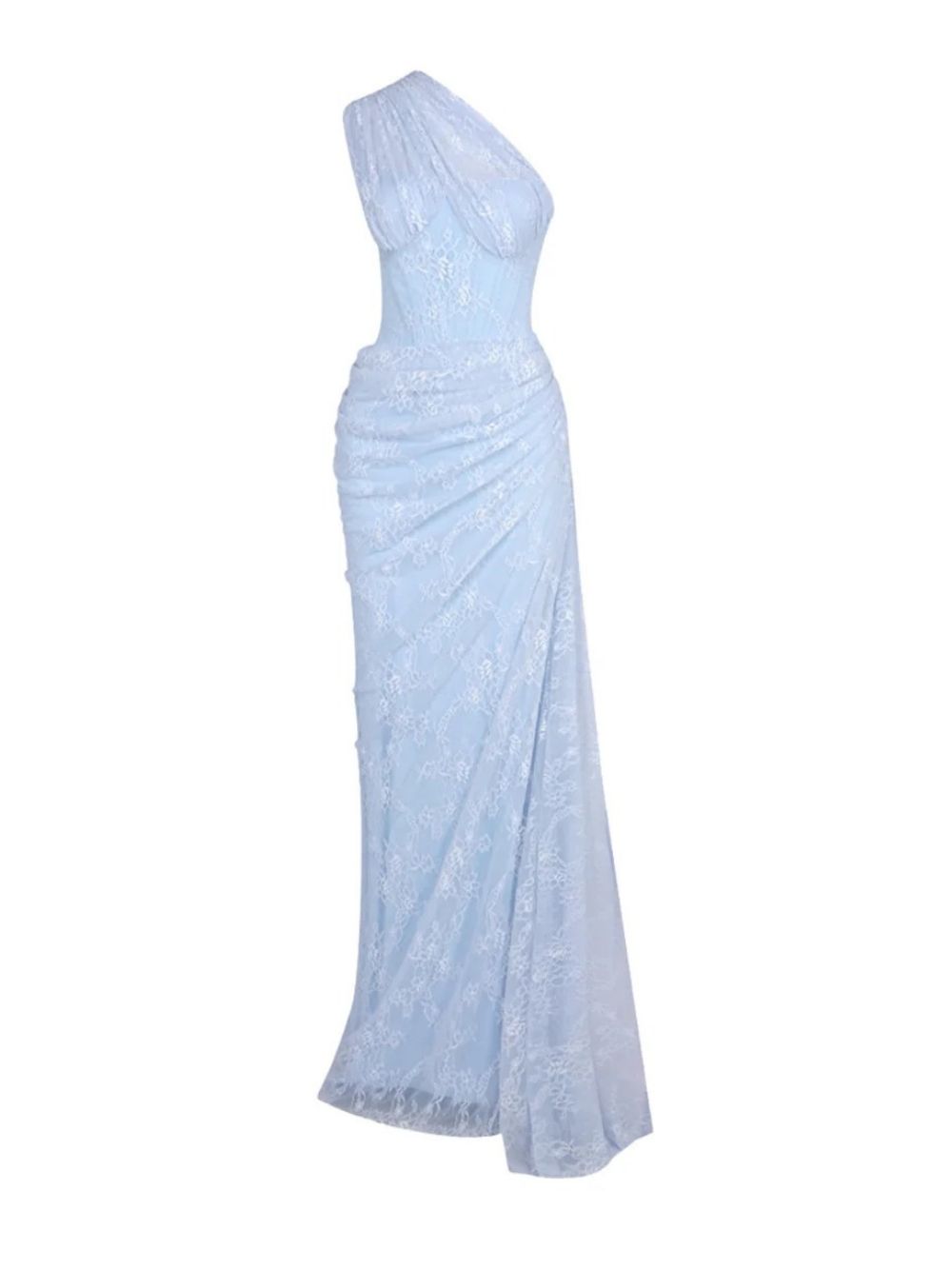 Fashionslee Women Lenric One Shoulder Ruched Lace Maxi Dress