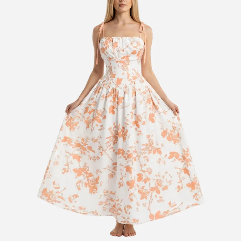 Smocked Floral Square Neck A-line Midi Dress - OWNCI