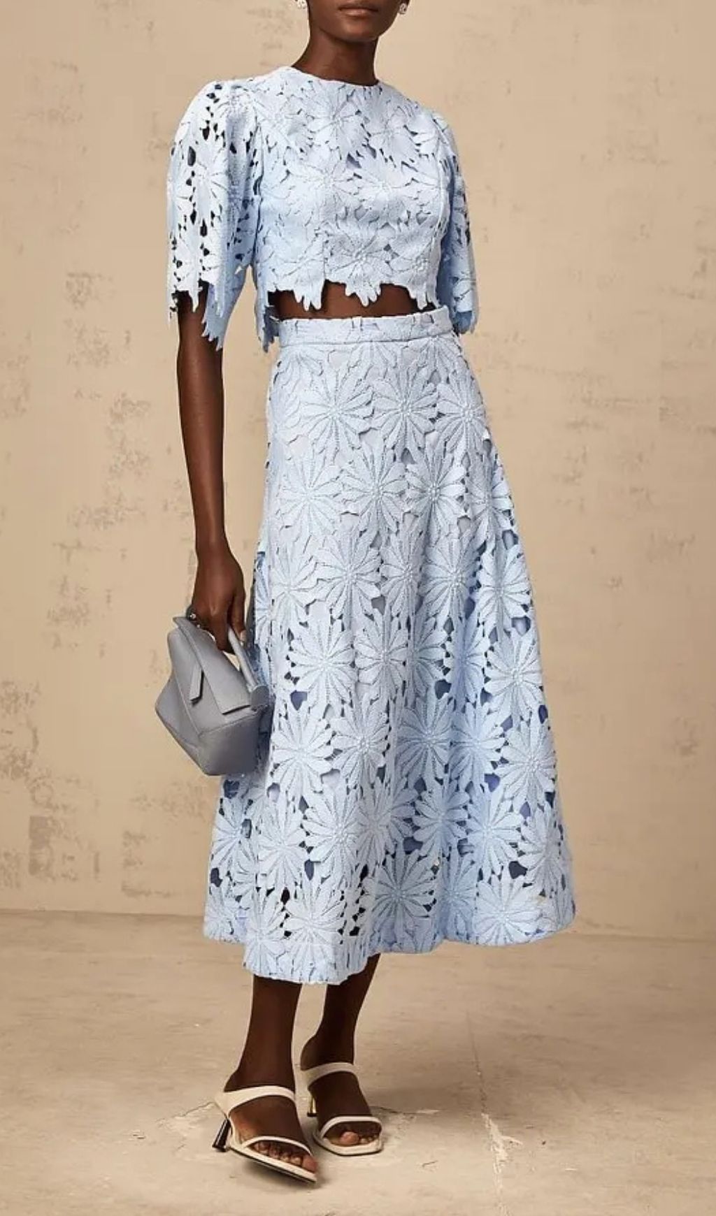 Penny Openwork Floral Lace Blouse Maxi Skirt Set - Blue