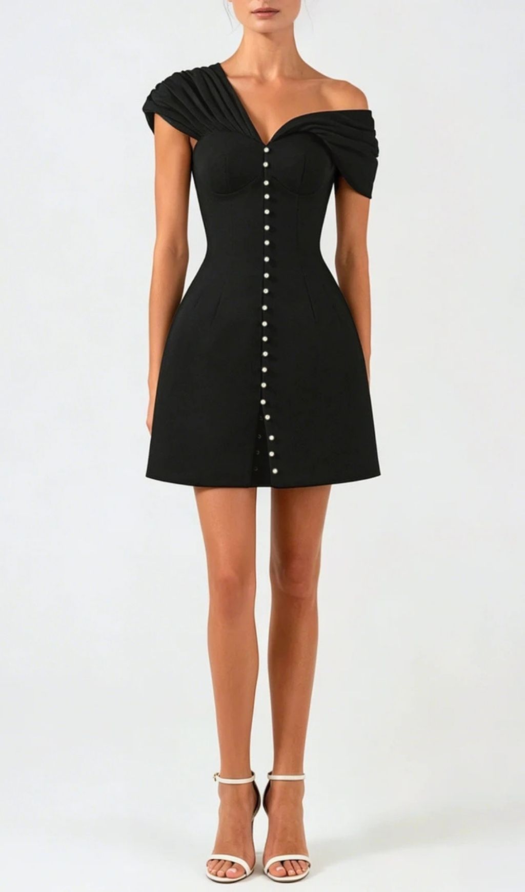 Luzasa Off Shoulder Buttoned Mini Dress - Black