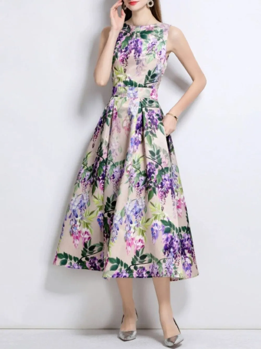 Maicy Purple Sleeveless Floral Midi Dress - OWNCI