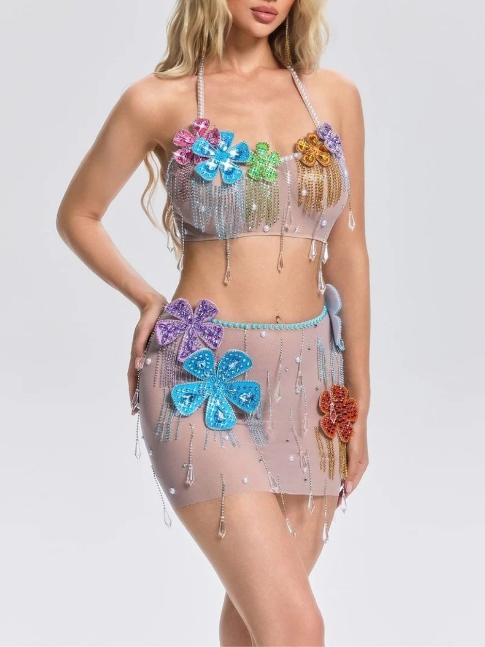 Florissa Flower Pearl Mesh Skirt Set