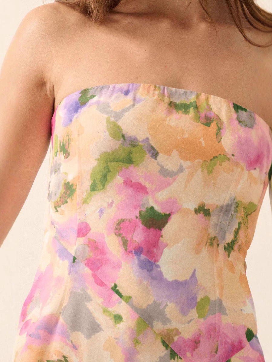 Off-Shoulder Floral Print High Slit Pleated Mesh Maxi Dress