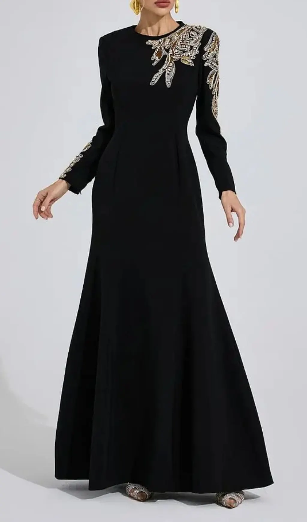 Rebecca Black Rhinestone Embellished Long Sleeve Maxi Dress