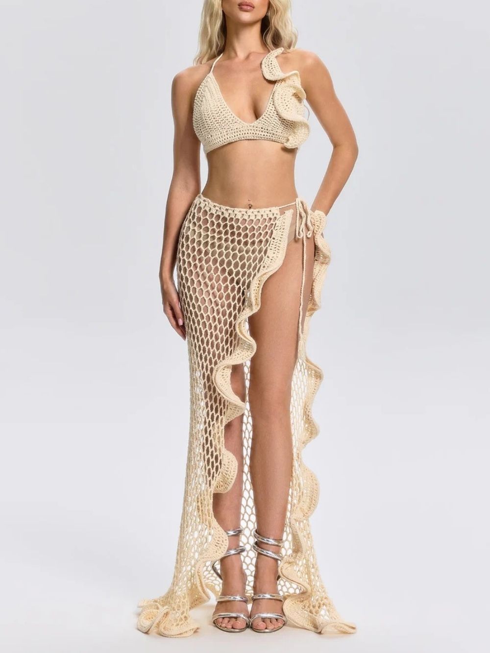 Silvionx Halterneck Crochet Ruffle Skirt Set - OWNCI Silvionx Halterneck Crochet Ruffle Skirt Set - OWNCI