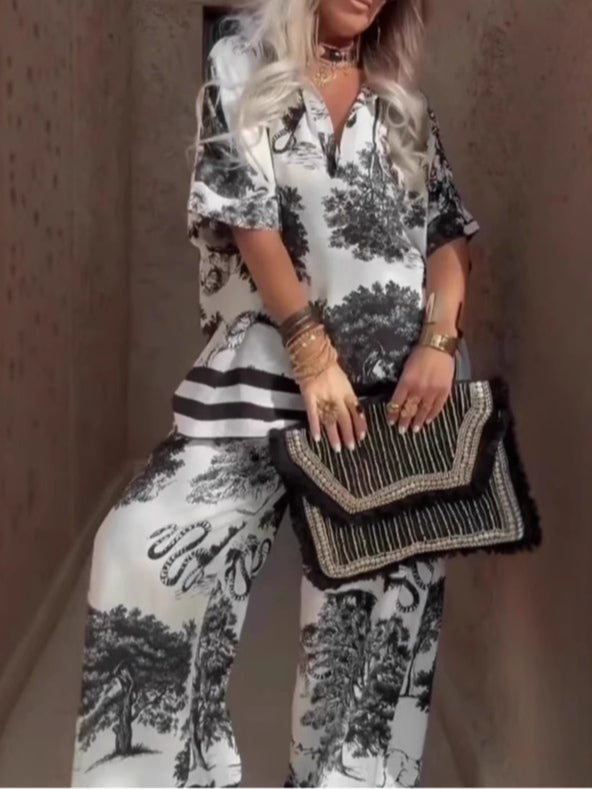 Casual V-Neck Printed Short-Sleeved Top And Wide-Leg Pants Set - OWNCI