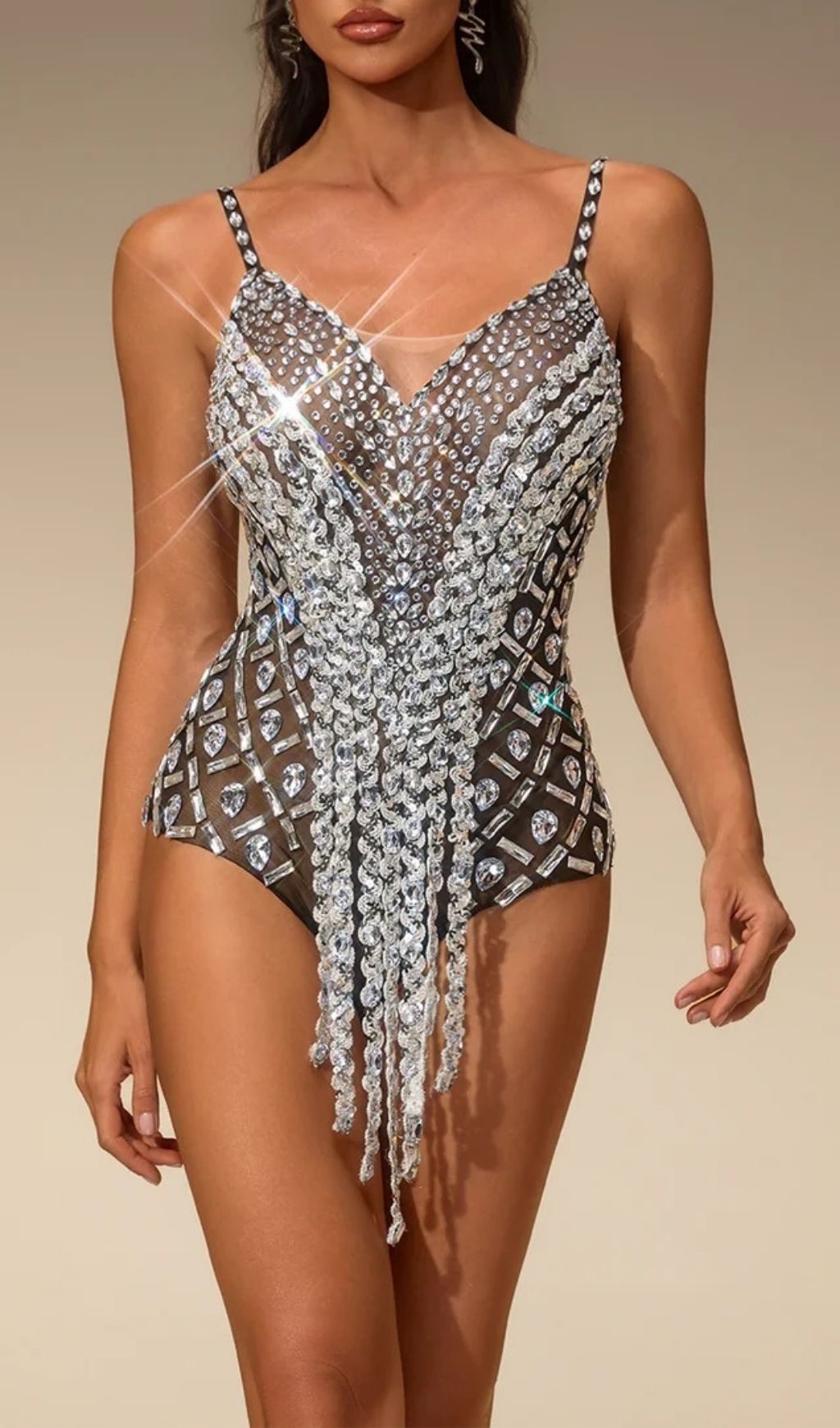 Fashionslee Women Siesra Spaghetti Crystal Fringe Bodysuit