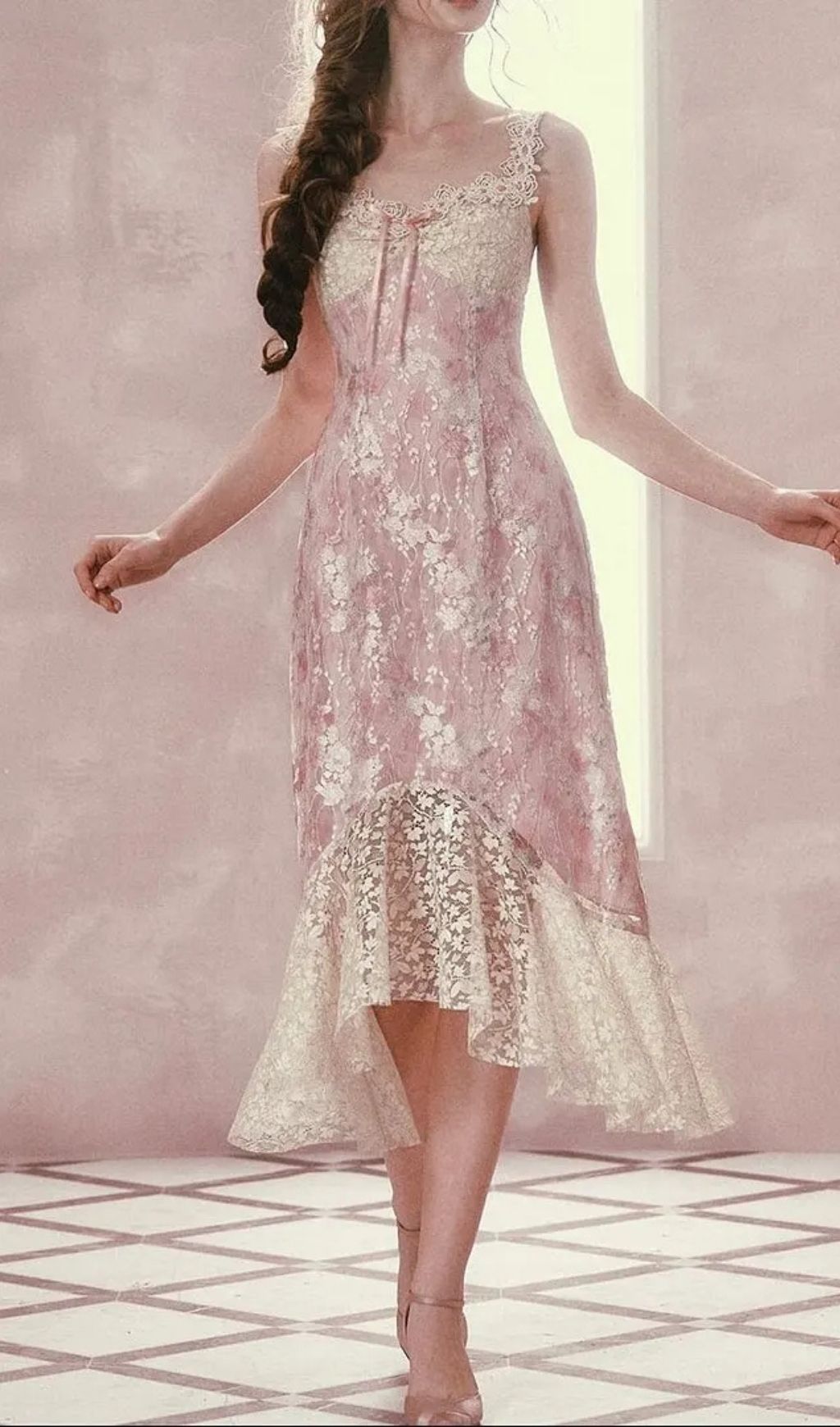 Mandy Floral Lace Embroidery Midi Dress - Pink