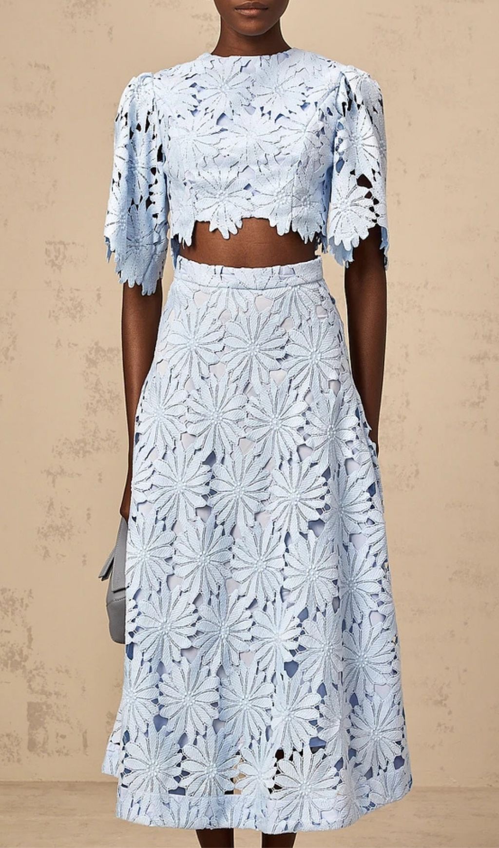 Penny Openwork Floral Lace Blouse Maxi Skirt Set - Blue