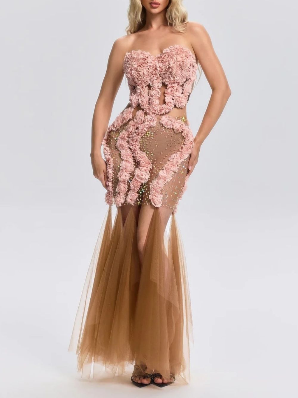 996e8d7267825652383c127d2f67cdfe Feryal Strapless Flower Mesh Maxi Dress