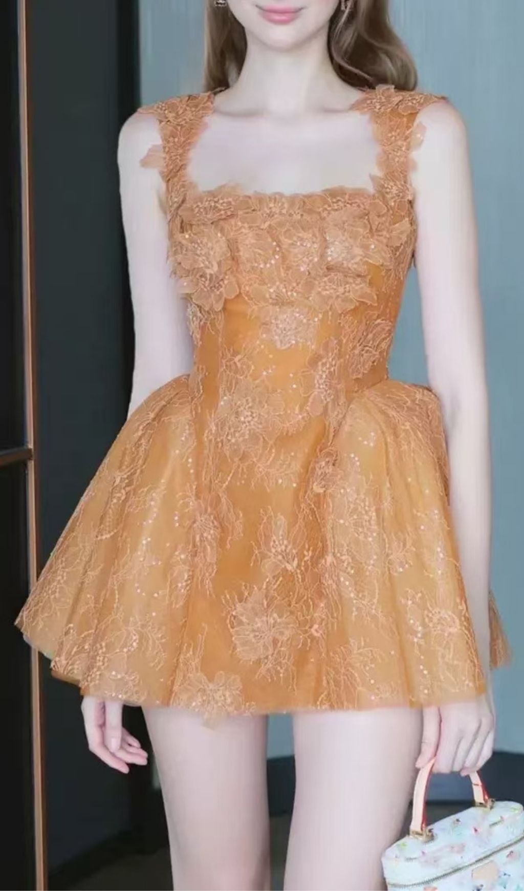 Louise Crochet Embroidered Mini Dress - Orange