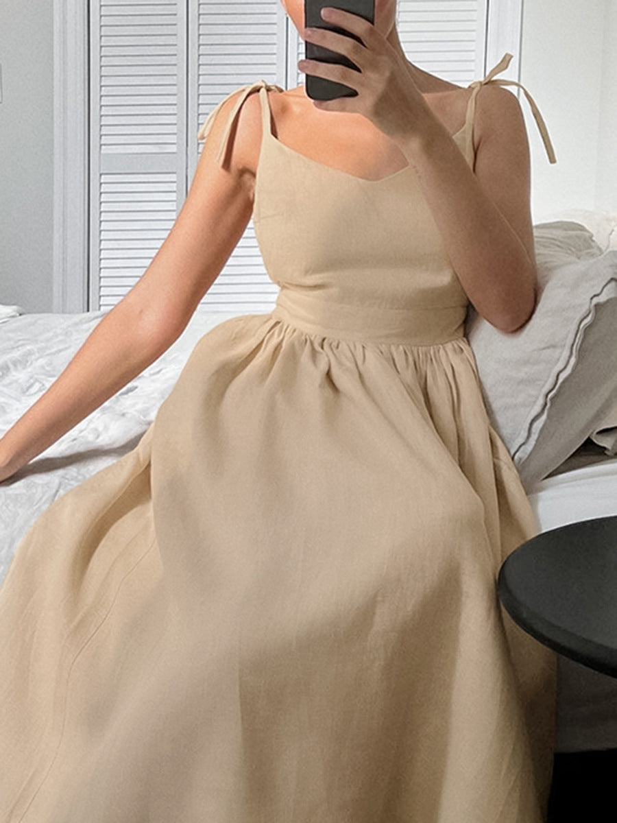 Cotton Linen Backless Strap Midi Dress
