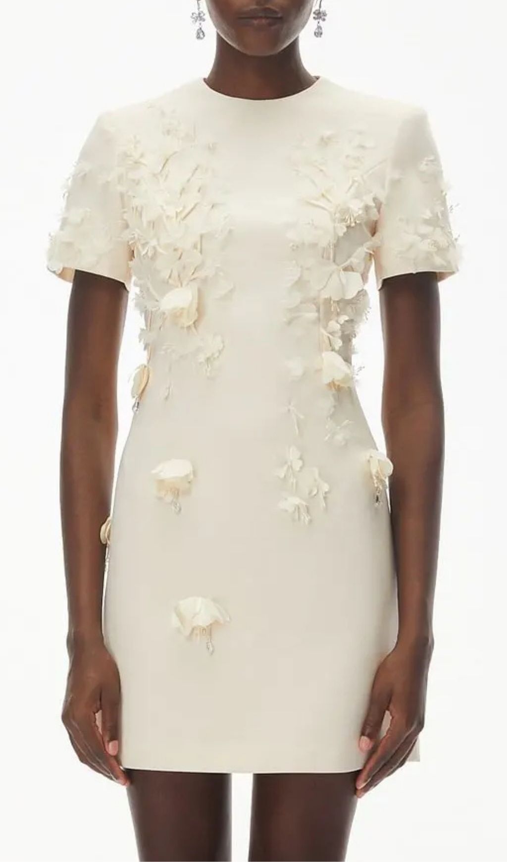 Ivory Round Neck Mini Dress With Floral Applique