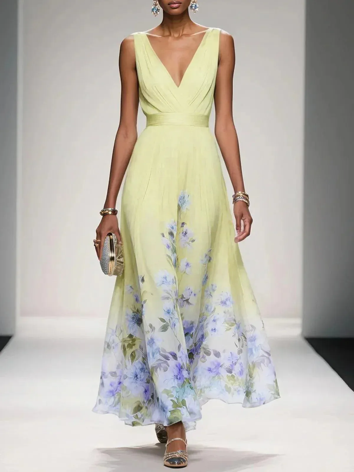 Light Blue Floral Chiffon V Neck Sleeveless A-Line Maxi Dress - OWNCI