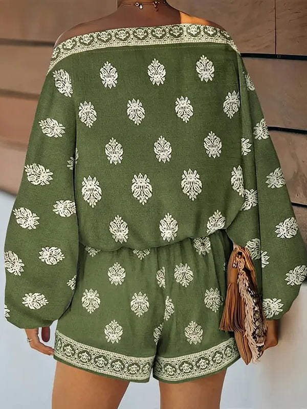 9a25694598a8cdd02ea6d1f208dda421 Baroque Print Off-Shoulder Lantern Sleeve Shorts Jumpsuit