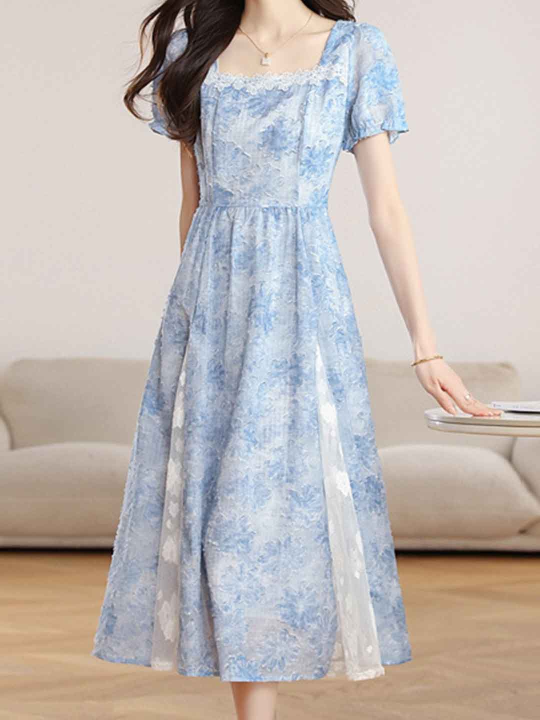 Penny Elegant Square Neck Jacquard Waisted Dress