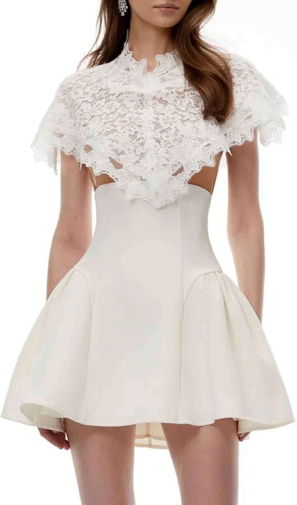 9b2a0c50c65e461da7dbe382bfb37914 Mandana White Lace Mini Dress with Cape