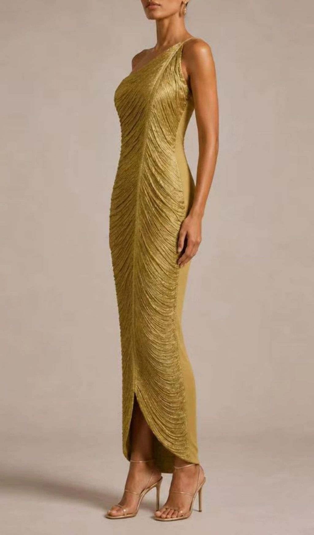 Fashionslee Women Mae Gold One-Shoulder Tassel Maxi Dress
