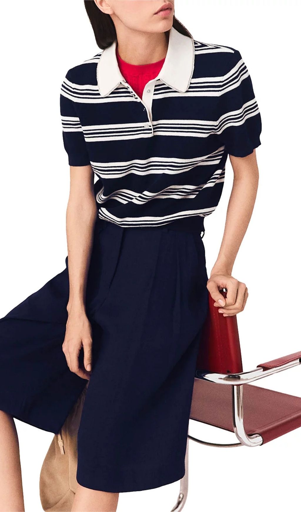 Fashionslee Women Striped Rhinestone Collar Polo