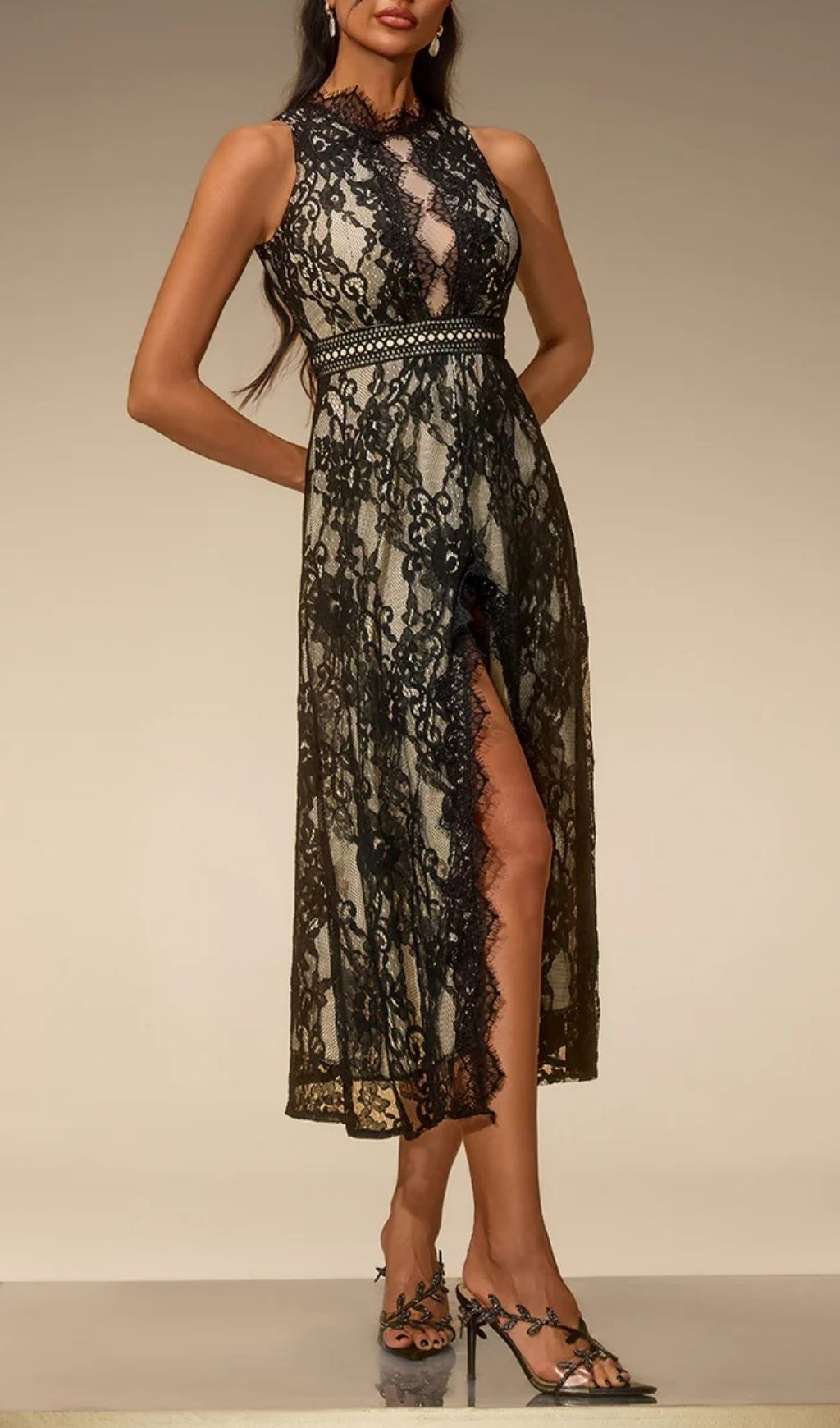 Fashionslee Women Evalina Sleeveless Lace Split Midi Dress