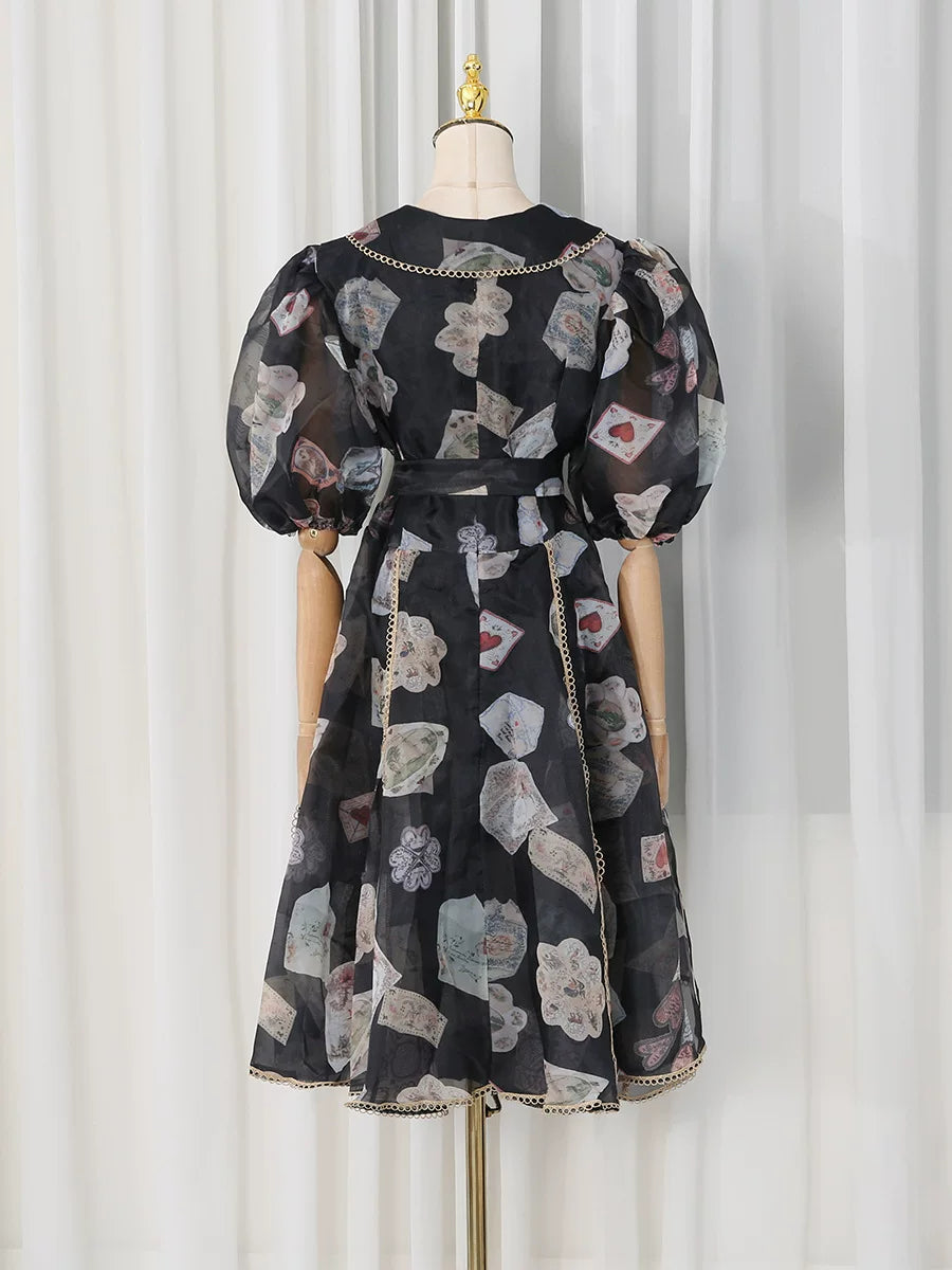 V-Neck Balloon Sleeve Playing Card Print Belted Midi Dress