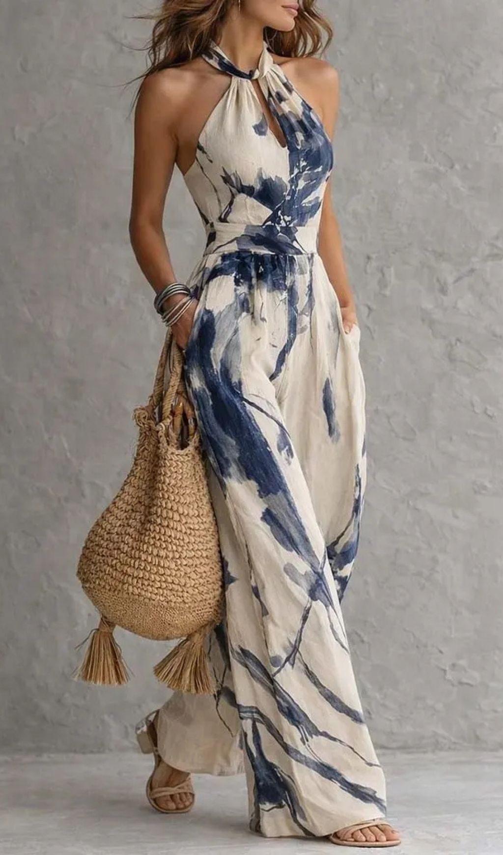 9bd8c34206815cb7c40d88da0874884e.jpg Fashionslee Women Halter Neck Ink Wash Print Wide Leg Jumpsuit With Pockets