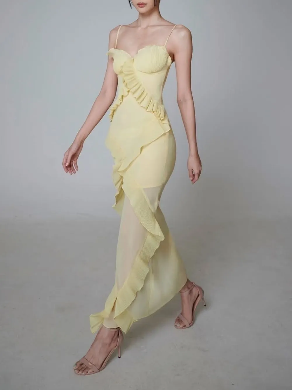 Mallie Yellow Spaghetti Pleated Ruffle Maxi Dress